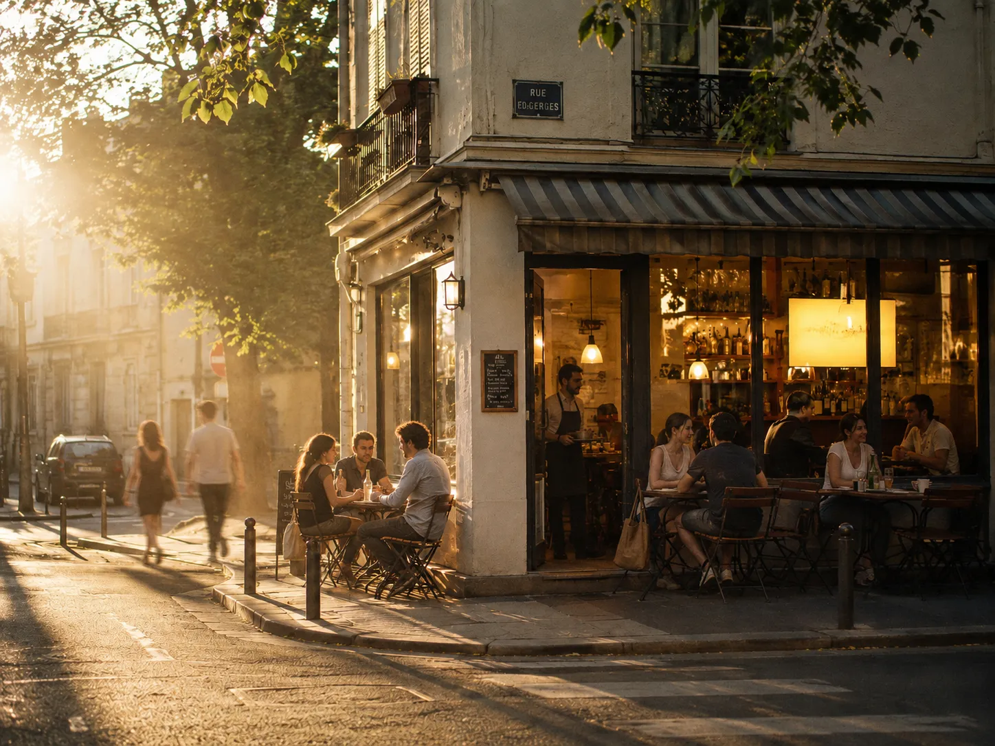 A street-corner café at golden hour, windows lit warm and the terrace full of people.