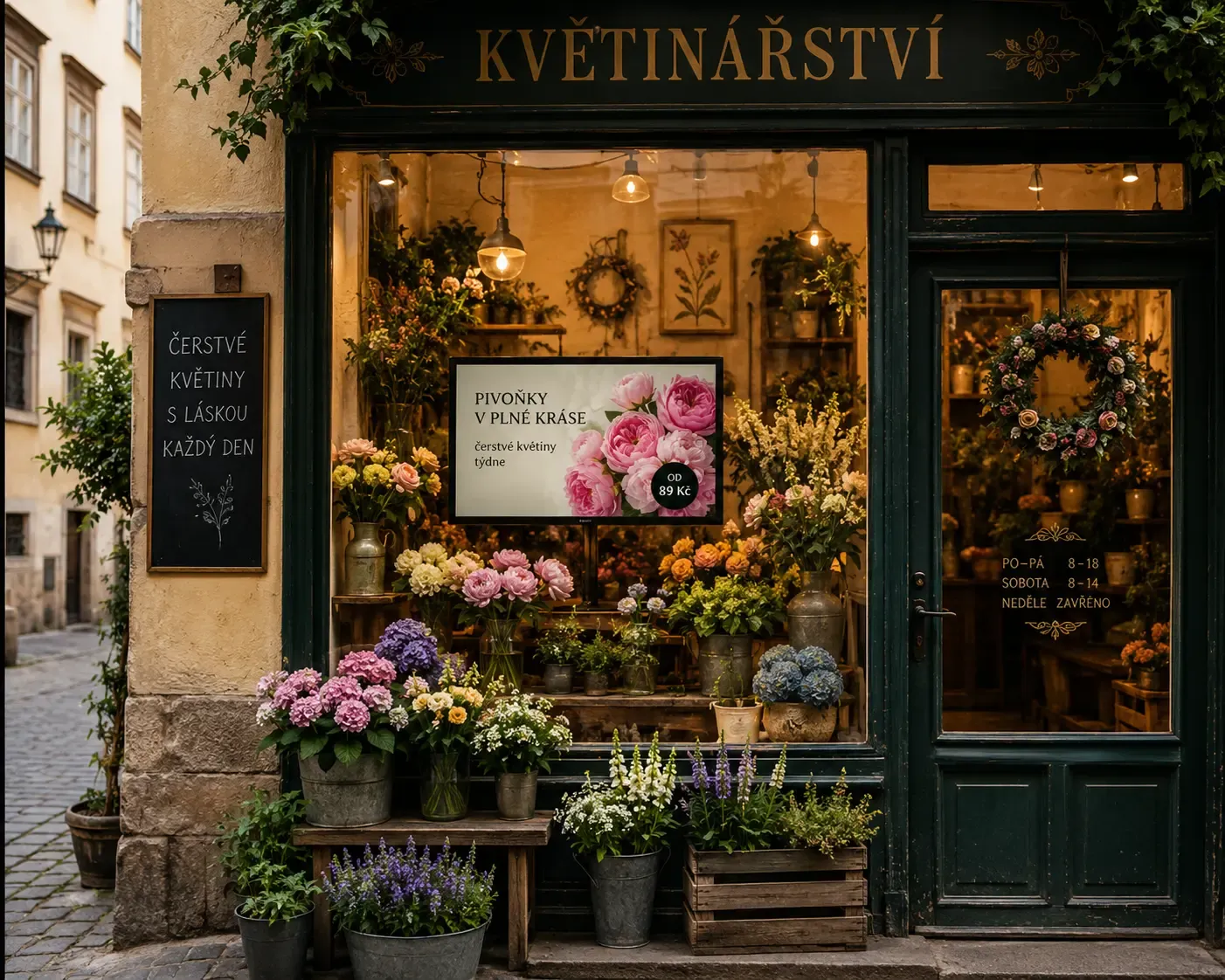 Obrazovka v květinářství s reklamou na květinovou nabídku.