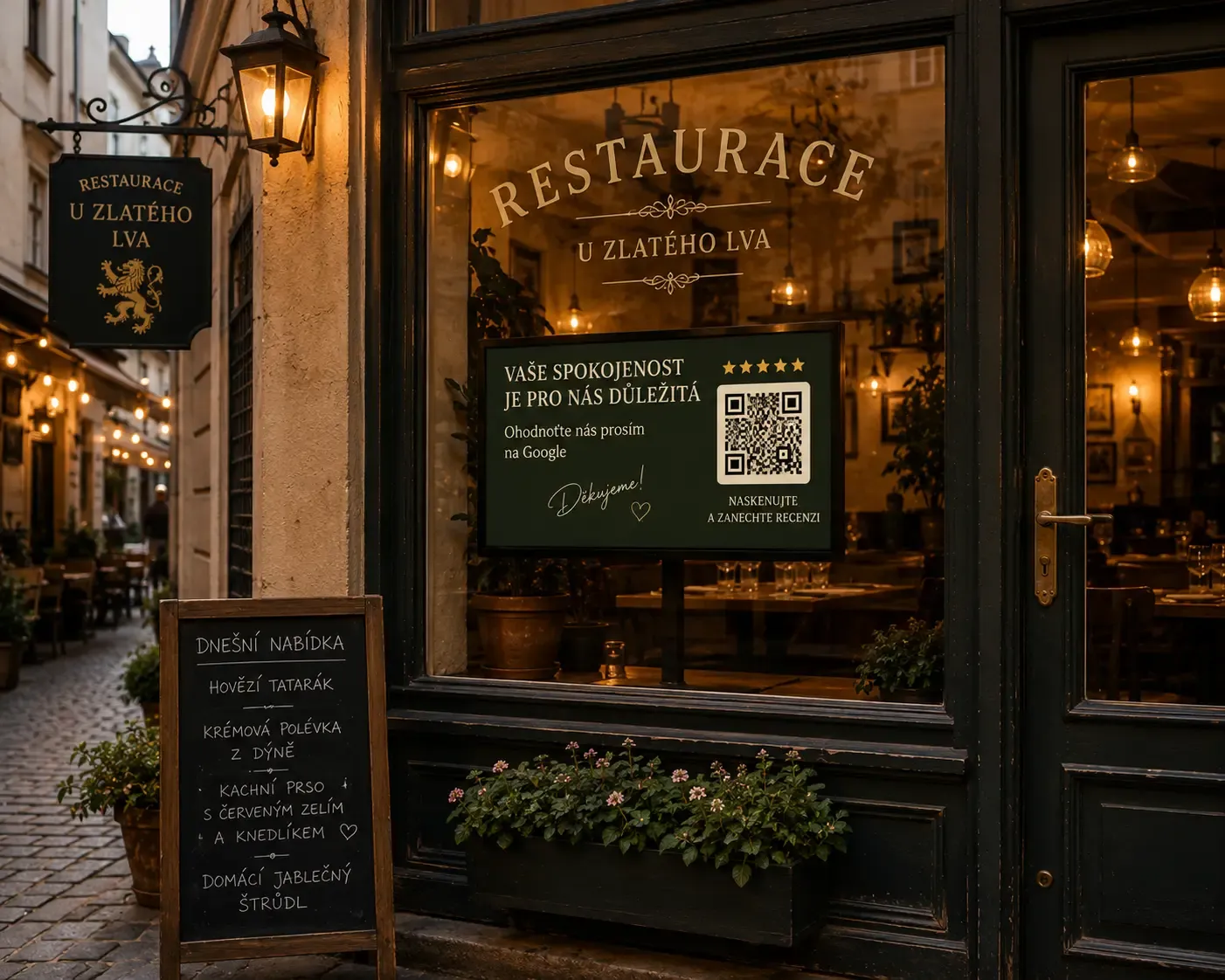 Obrazovka v restauraci žádající hosty o recenzi pomocí QR kódu.