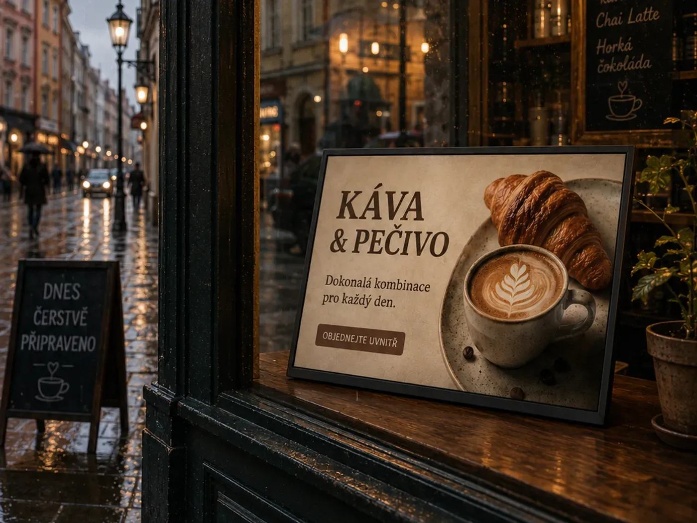Obrazovka Disply ve výloze kavárny za soumraku ukazuje do deštivé ulice navržený plakát „Káva & pečivo“.