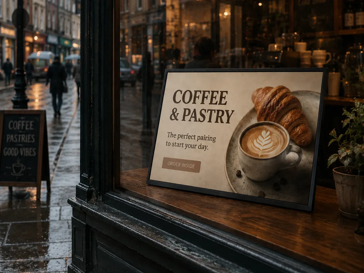 A Disply screen in a café window at dusk, showing a designed “Coffee & Pastry” promo to the wet street outside.